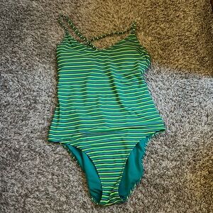 Aerie XL LONG one-piece. Striped, laced up/tie back. Spaghetti strap.